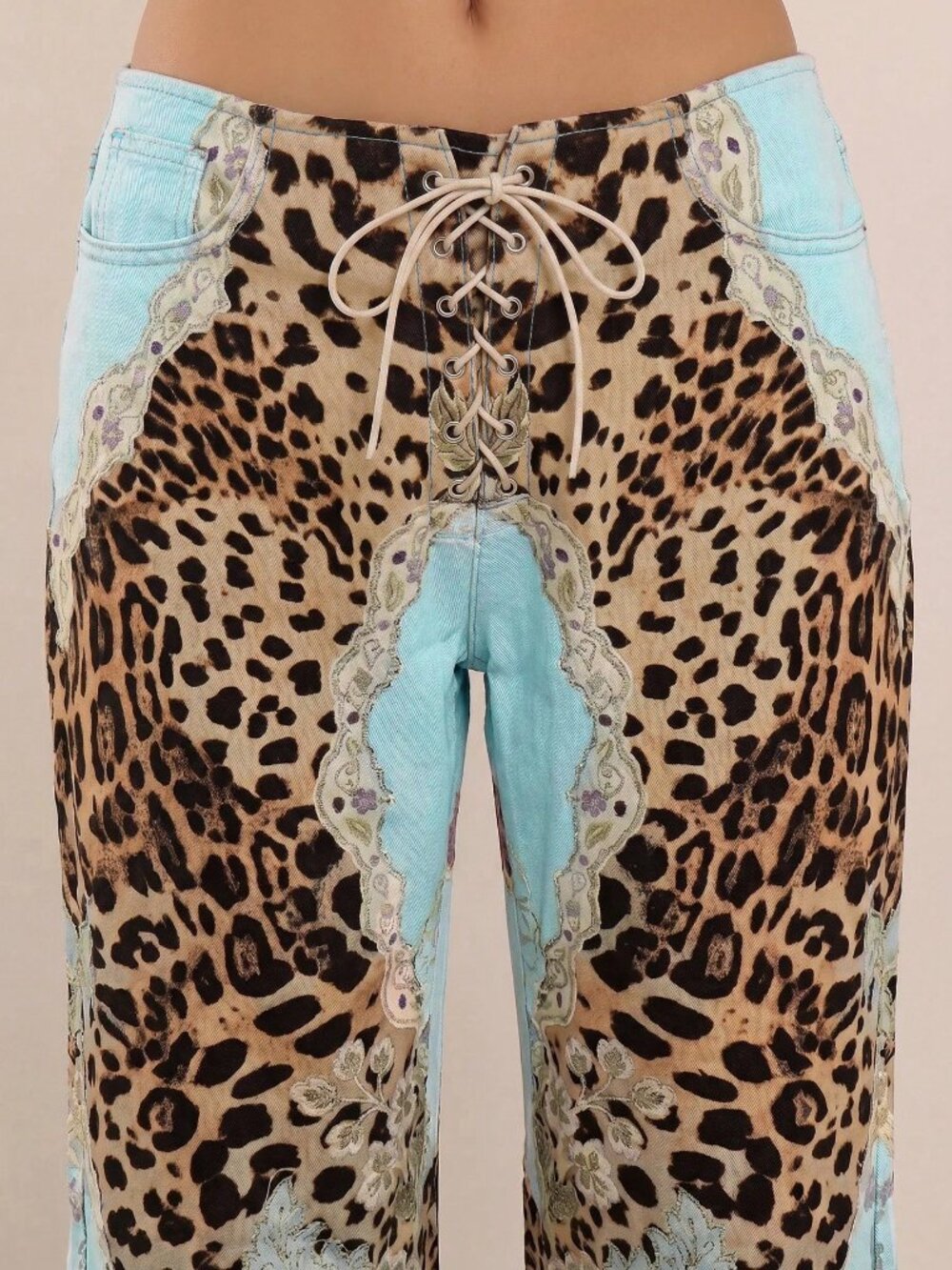 Blue Casual Women's Leopard Print Lace Up Straight Leg Printed Jeans - Picture 5 of 5